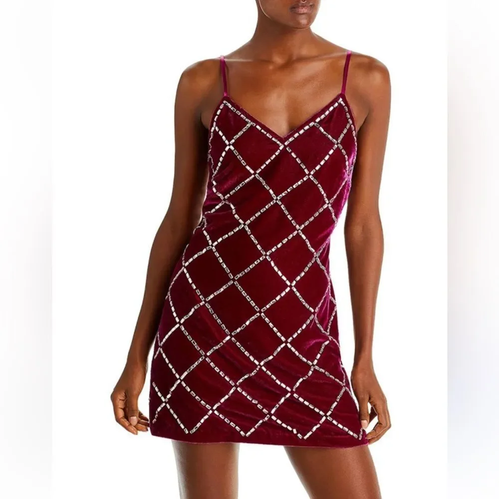 NWT Ramy Brook Omega Rhinestone Fuchsia Velvet Mini Dress Large